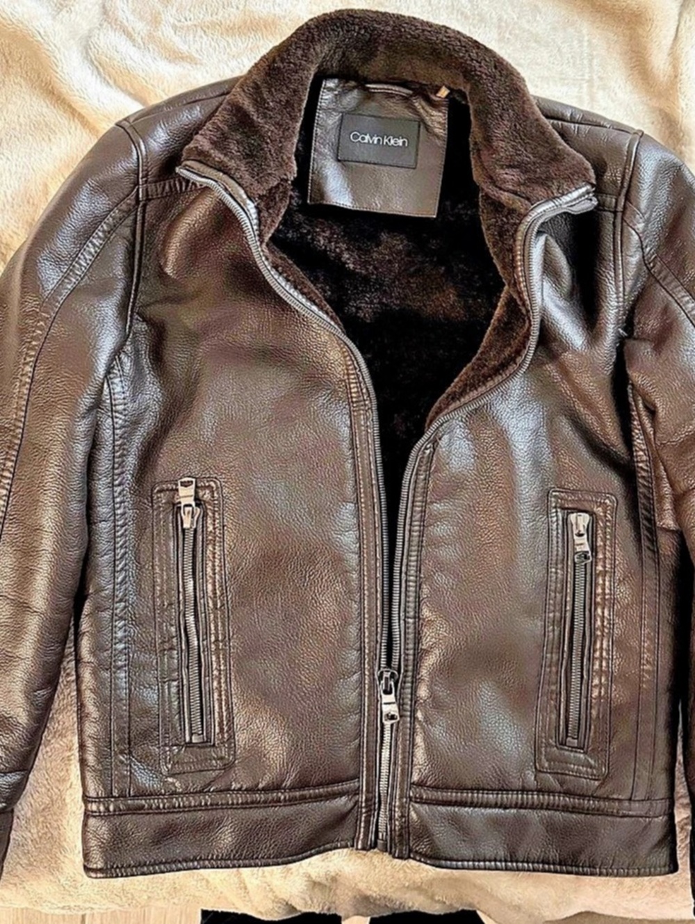 Calvin Klein Mens Classic Faux leather plush sherling aviator jacket